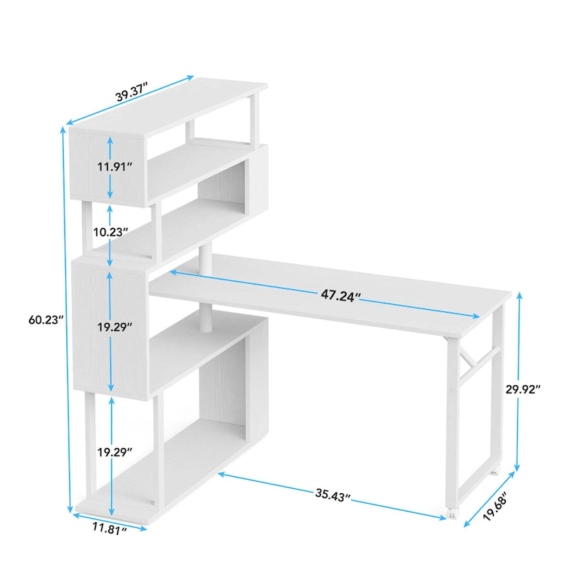 Brown/ Black Rotating L-Shaped Computer Desk, Corner Home Office Desk with Storage Shelf