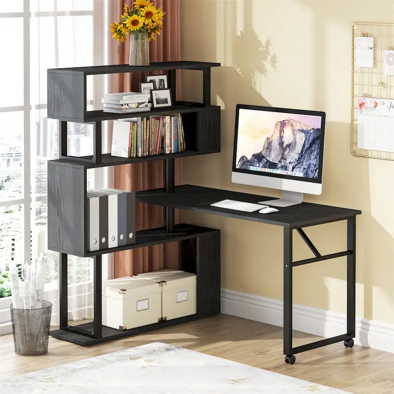 Brown/ Black Rotating L-Shaped Computer Desk, Corner Home Office Desk with Storage Shelf