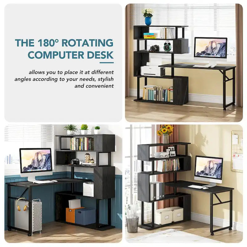 Brown/ Black Rotating L-Shaped Computer Desk, Corner Home Office Desk with Storage Shelf