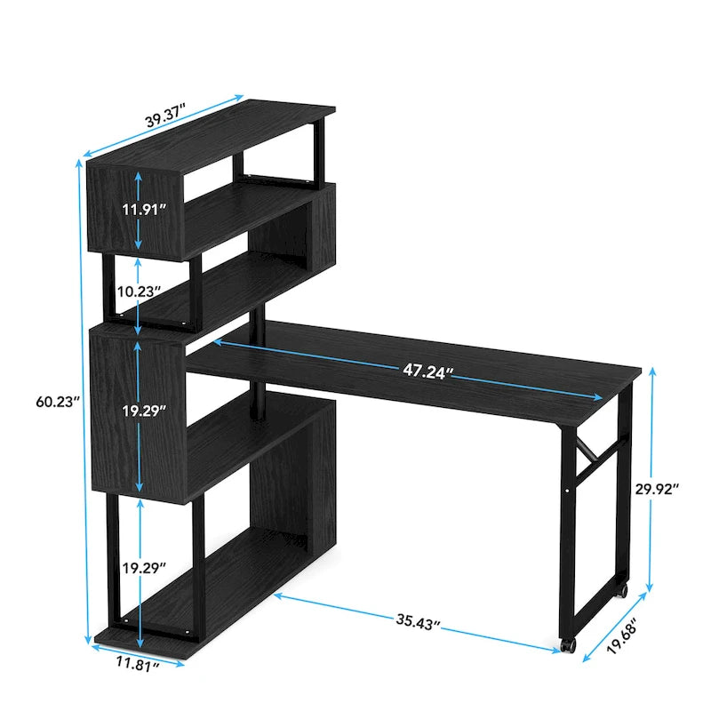 Brown/ Black Rotating L-Shaped Computer Desk, Corner Home Office Desk with Storage Shelf