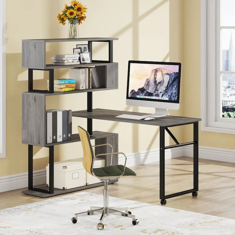 Brown/ Black Rotating L-Shaped Computer Desk, Corner Home Office Desk with Storage Shelf