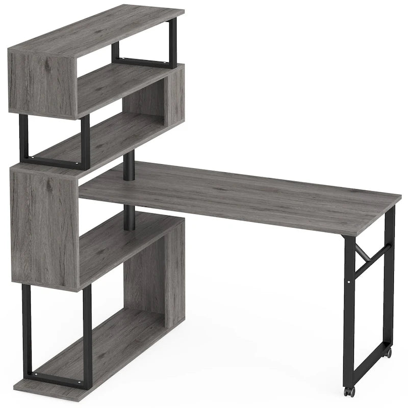 Brown/ Black Rotating L-Shaped Computer Desk, Corner Home Office Desk with Storage Shelf