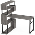 Brown/ Black Rotating L-Shaped Computer Desk, Corner Home Office Desk with Storage Shelf