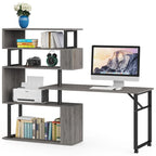 Brown/ Black Rotating L-Shaped Computer Desk, Corner Home Office Desk with Storage Shelf