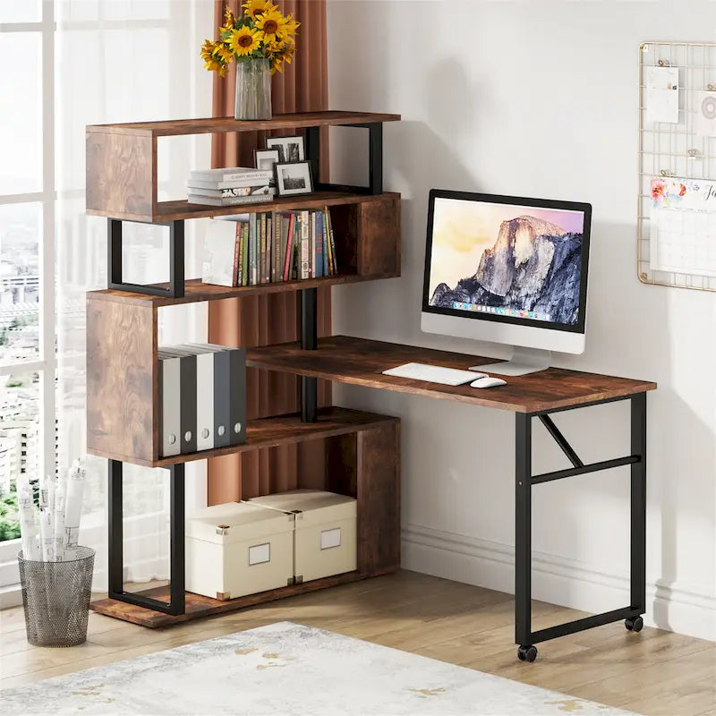 Brown/ Black Rotating L-Shaped Computer Desk, Corner Home Office Desk with Storage Shelf