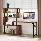 Brown/ Black Rotating L-Shaped Computer Desk, Corner Home Office Desk with Storage Shelf