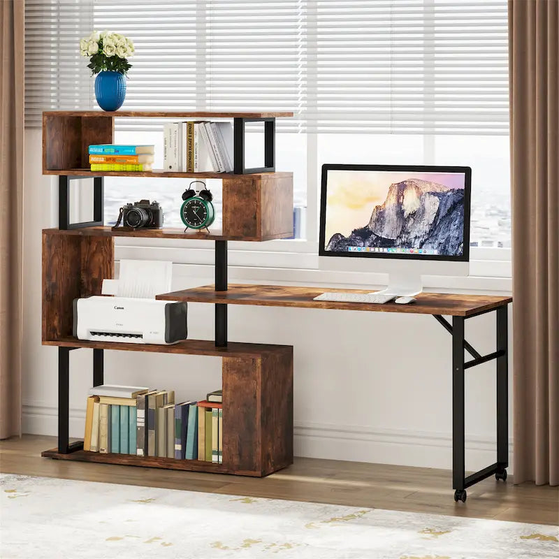 Brown/ Black Rotating L-Shaped Computer Desk, Corner Home Office Desk with Storage Shelf
