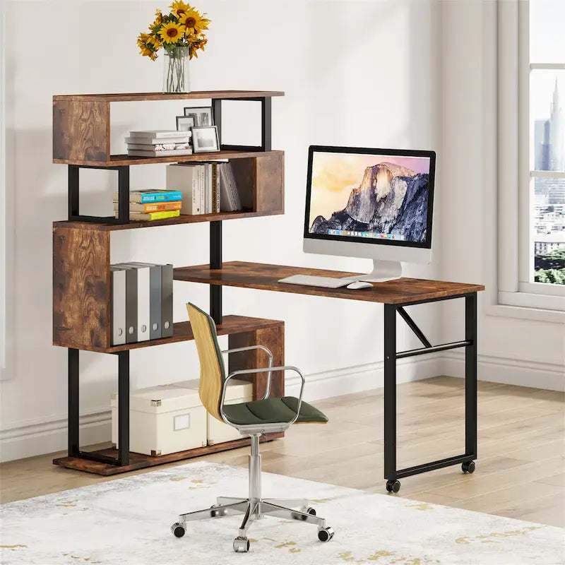 Brown/ Black Rotating L-Shaped Computer Desk, Corner Home Office Desk with Storage Shelf