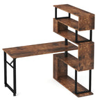 Brown/ Black Rotating L-Shaped Computer Desk, Corner Home Office Desk with Storage Shelf