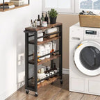 Brown Narrow Rolling Kitchen Storage Cart with Wheels, 4 Tiers Slim Serving Trolley Utility Carts with Handle for Small Space