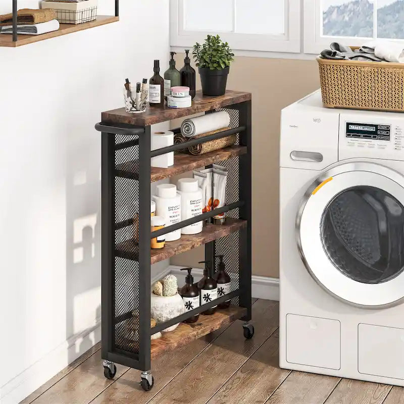 Brown Narrow Rolling Kitchen Storage Cart with Wheels, 4 Tiers Slim Serving Trolley Utility Carts with Handle for Small Space