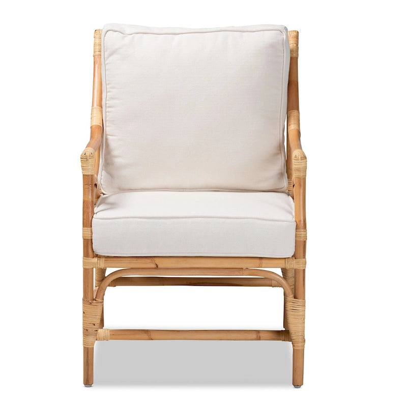 Brandon Bohemian styled Upholstered Rattan Armchair-White/Natural