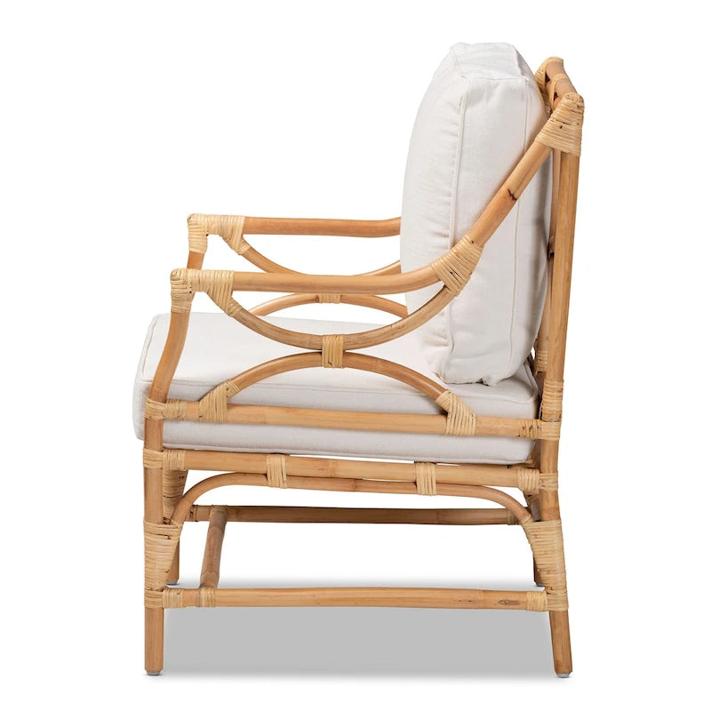 Brandon Bohemian styled Upholstered Rattan Armchair-White/Natural