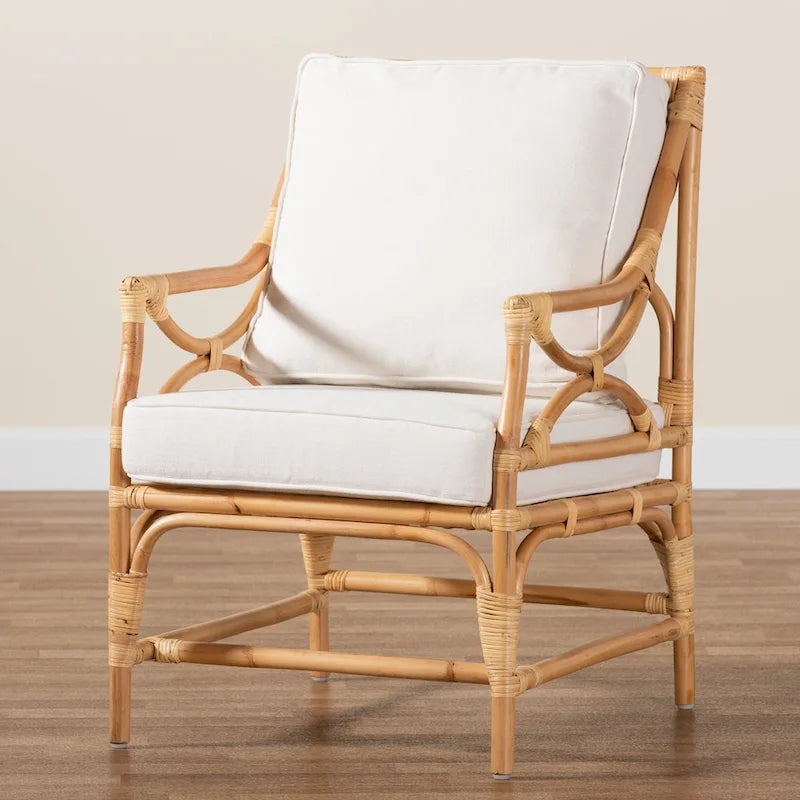 Brandon Bohemian styled Upholstered Rattan Armchair-White/Natural