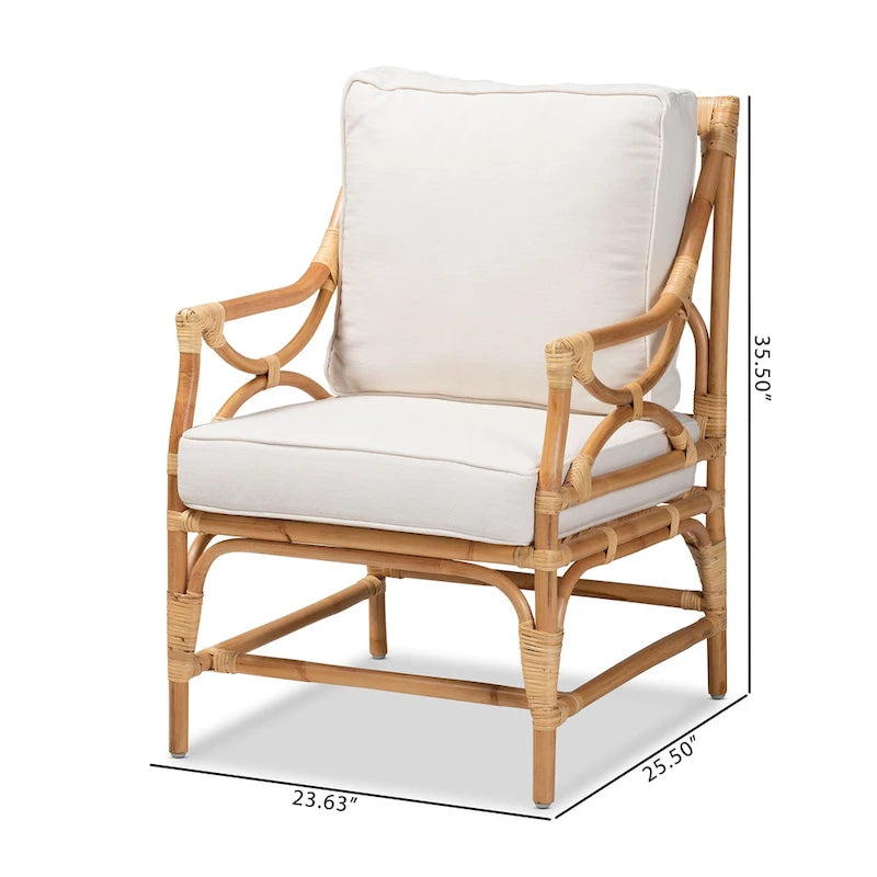 Brandon Bohemian styled Upholstered Rattan Armchair-White/Natural