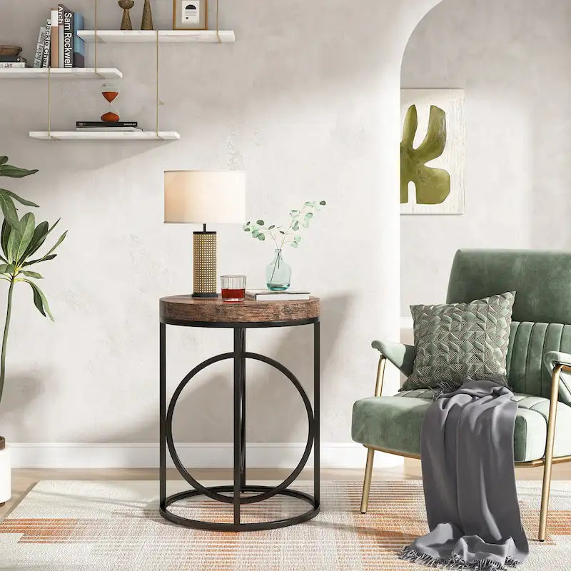20 in. Marble White Round Wood End Table with Gold O-shaped Base