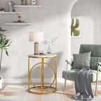 20 in. Marble White Round Wood End Table with Gold O-shaped Base