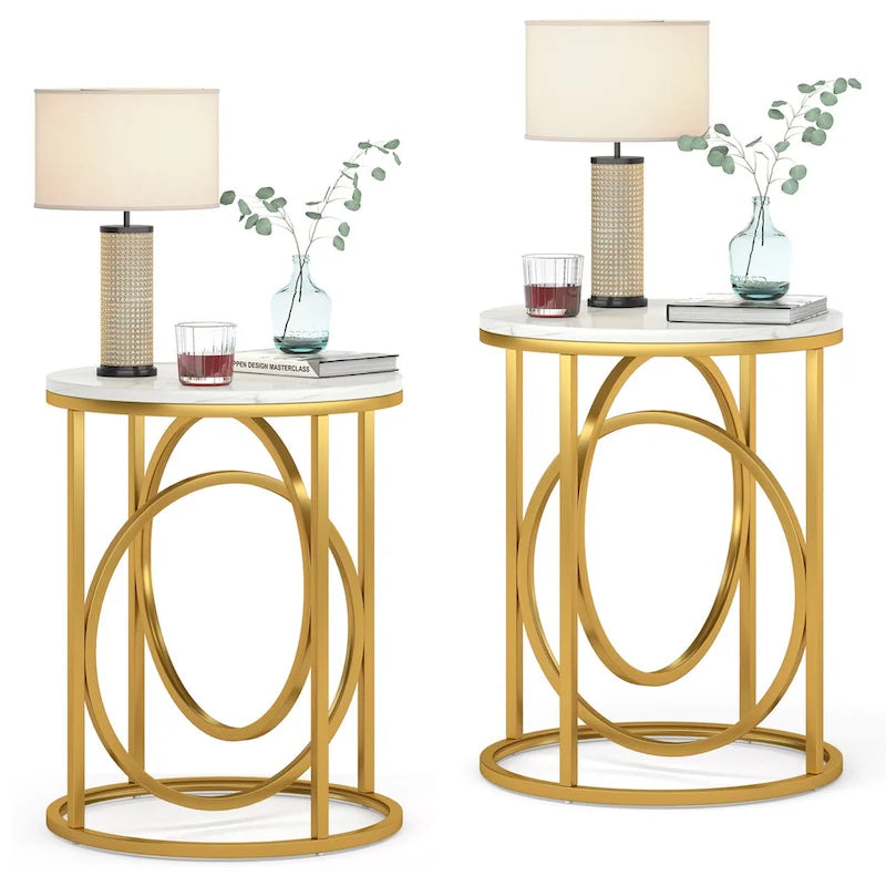 20 in. Marble White Round Wood End Table with Gold O-shaped Base