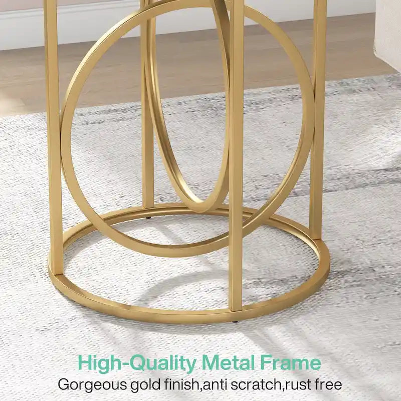 20 in. Marble White Round Wood End Table with Gold O-shaped Base