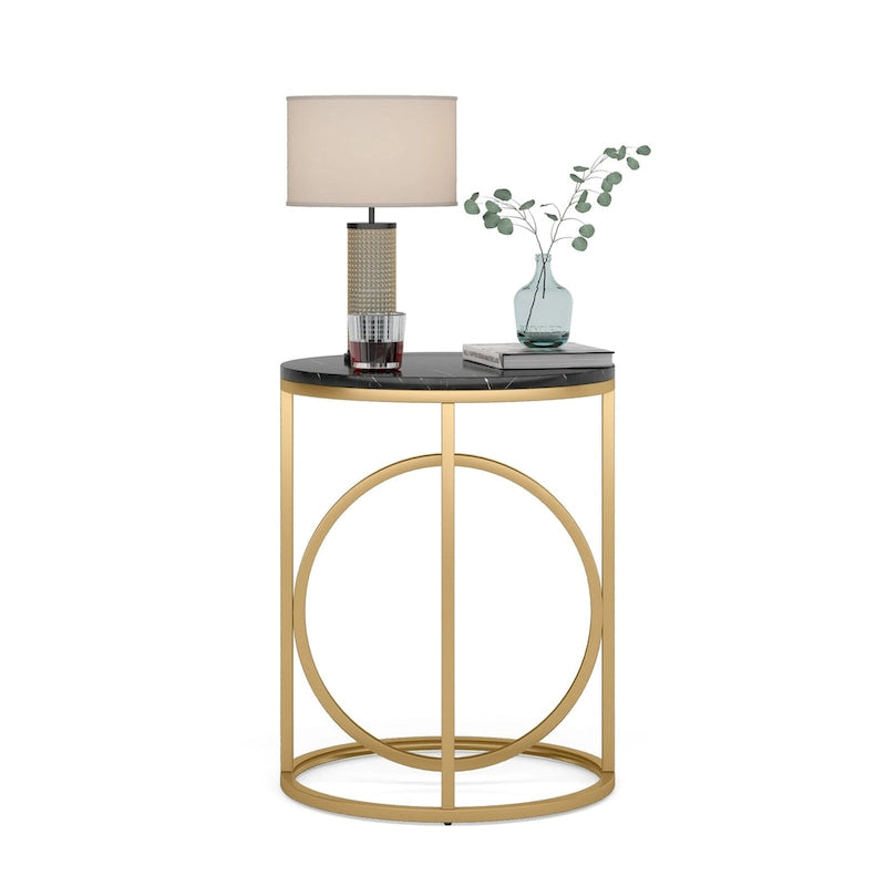 20 in. Marble White Round Wood End Table with Gold O-shaped Base