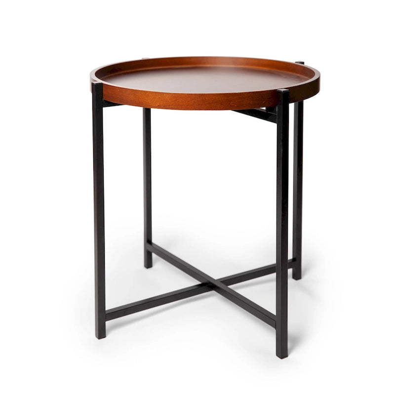 Mid-century Modern Round Side Table with Removable Wood Tray
