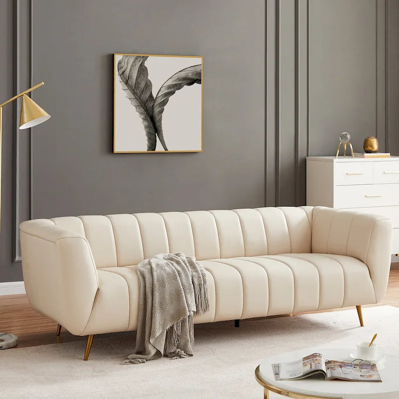 Clovis Mid-Century Modern Furniture Style Upholstered Leather Couch in Cream