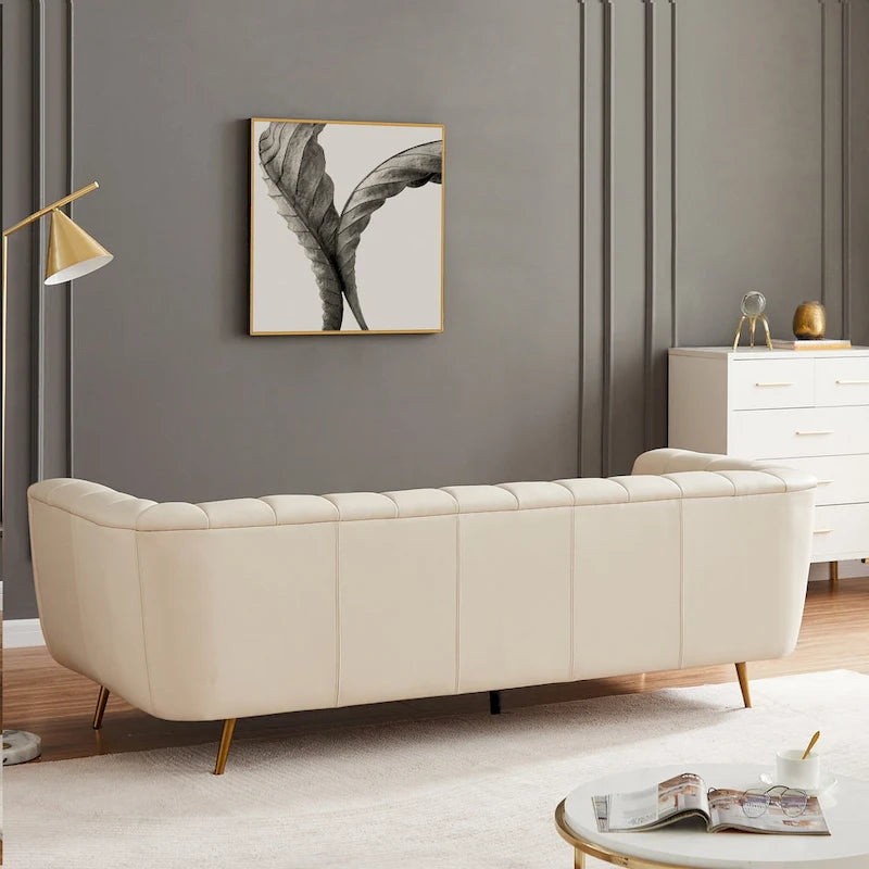 Clovis Mid-Century Modern Furniture Style Upholstered Leather Couch in Cream