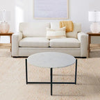 Ivy 30 Inch Marble Top Round Coffee Table with Metal Frame, White and Black