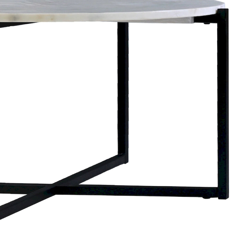 Ivy 30 Inch Marble Top Round Coffee Table with Metal Frame, White and Black