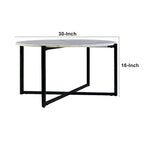 Ivy 30 Inch Marble Top Round Coffee Table with Metal Frame, White and Black