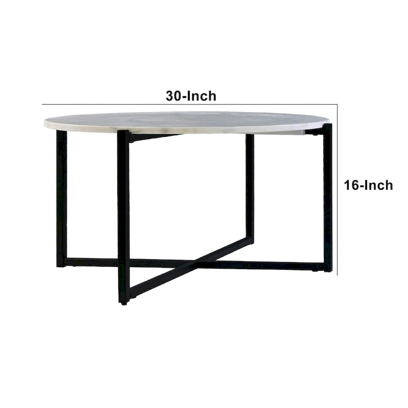 Ivy 30 Inch Marble Top Round Coffee Table with Metal Frame, White and Black