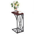 C-Shaped Snack Table Heavy-Duty Sofa Side Table for Living Room with Brown Wood Top