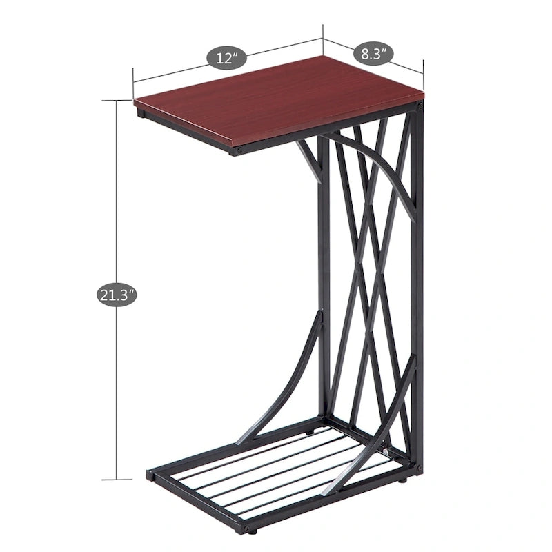 C-Shaped Snack Table Heavy-Duty Sofa Side Table for Living Room with Brown Wood Top
