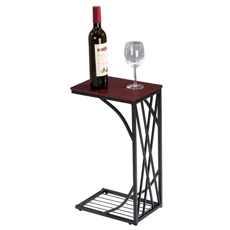 C-Shaped Snack Table Heavy-Duty Sofa Side Table for Living Room with Brown Wood Top