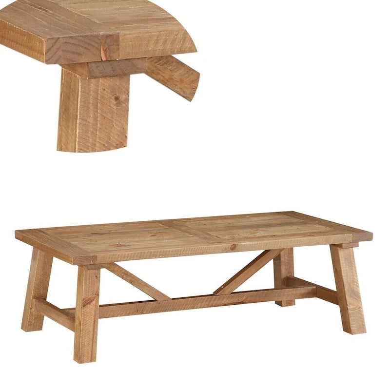 Pine Wood Coffee Table with Trestle Reinforced Sawhorse Base, Brown