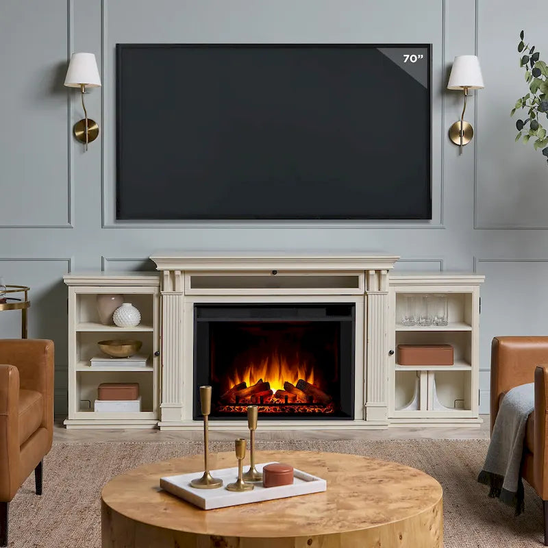 Tracey 84 TV Stand Electric Fireplace in Distressed White by Real Flame