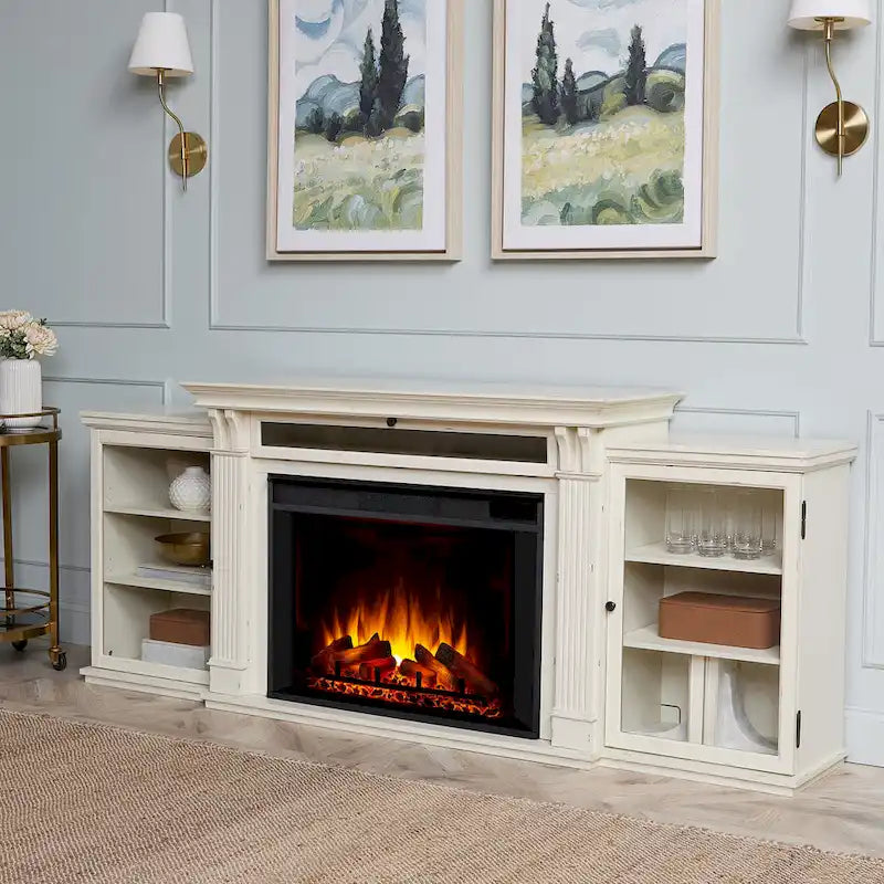 Tracey 84 TV Stand Electric Fireplace in Distressed White by Real Flame