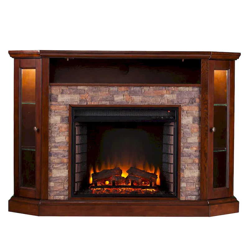 SEI Furniture Hermon Faux Stone Electric Fireplace Corner Media TV Stand for TV's up to 50