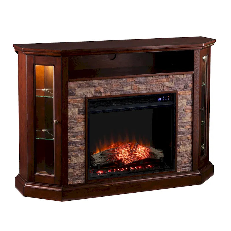 SEI Furniture Hermon Faux Stone Electric Fireplace Corner Media TV Stand for TV's up to 50