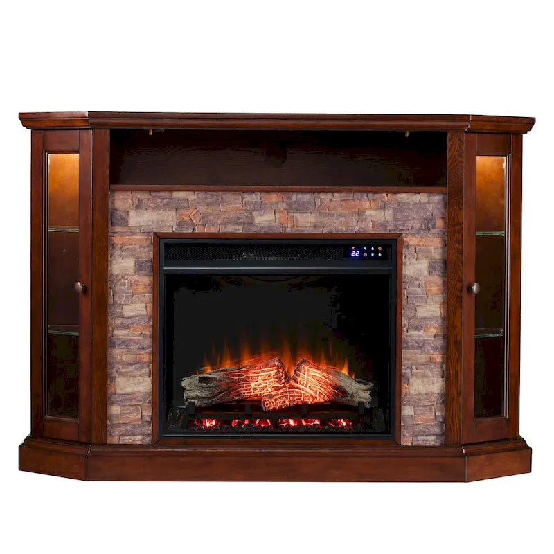 SEI Furniture Hermon Faux Stone Electric Fireplace Corner Media TV Stand for TV's up to 50