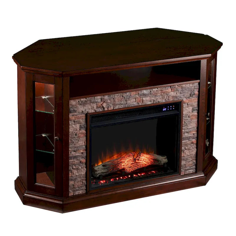 SEI Furniture Hermon Faux Stone Electric Fireplace Corner Media TV Stand for TV's up to 50