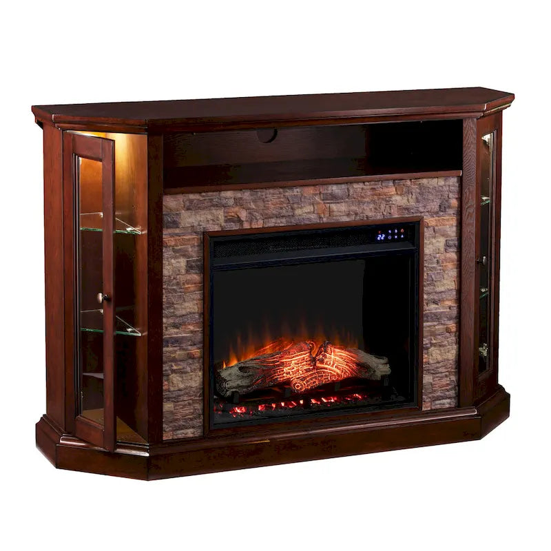 SEI Furniture Hermon Faux Stone Electric Fireplace Corner Media TV Stand for TV's up to 50