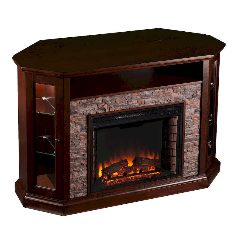 SEI Furniture Hermon Faux Stone Electric Fireplace Corner Media TV Stand for TV's up to 50