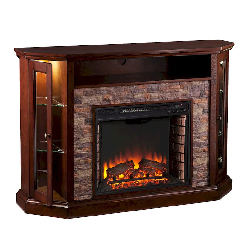 SEI Furniture Hermon Faux Stone Electric Fireplace Corner Media TV Stand for TV's up to 50