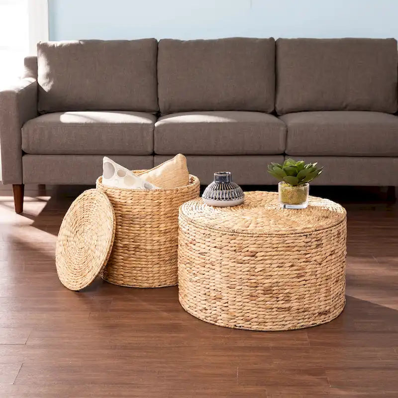 SEI Furniture Sachi Natural Woven Water Hyacinth Coffee Tables (Set of 2) with Storage