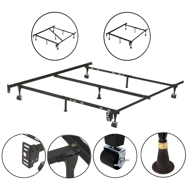 7-Leg Heavy Duty Queen Bed Frame with Center Support & Locking Wheel