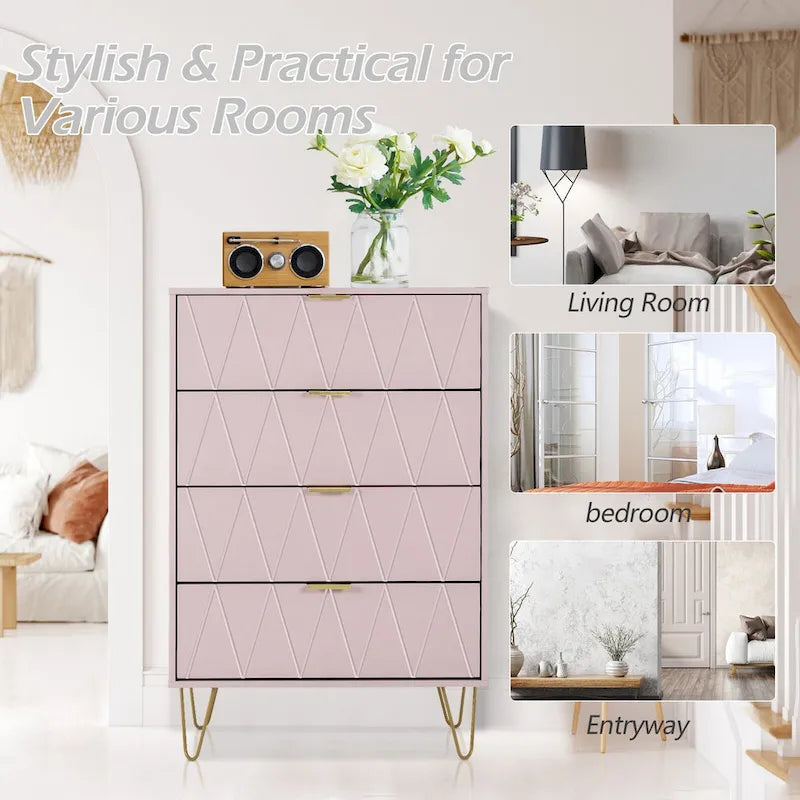 4 Drawers Chest Of Dresser Tall Storage Tower Cabinet with Metal Legs For Bedroom Living Room