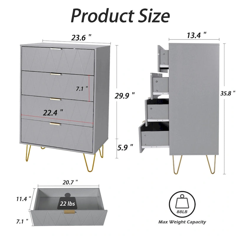 4 Drawers Chest Of Dresser Tall Storage Tower Cabinet with Metal Legs For Bedroom Living Room