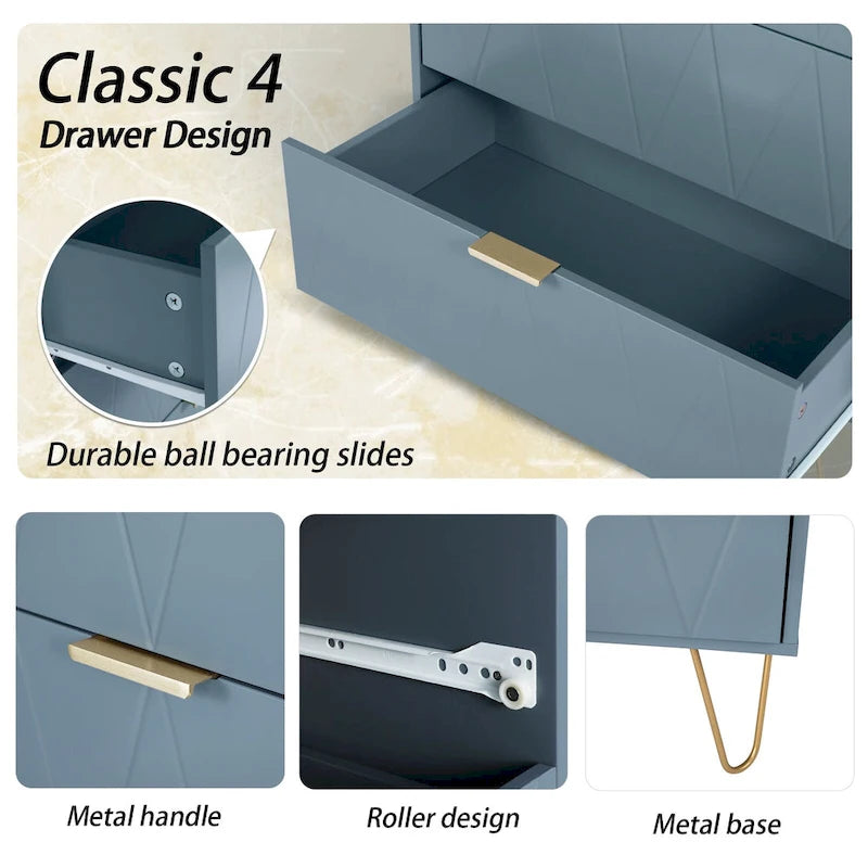 4 Drawers Chest Of Dresser Tall Storage Tower Cabinet with Metal Legs For Bedroom Living Room