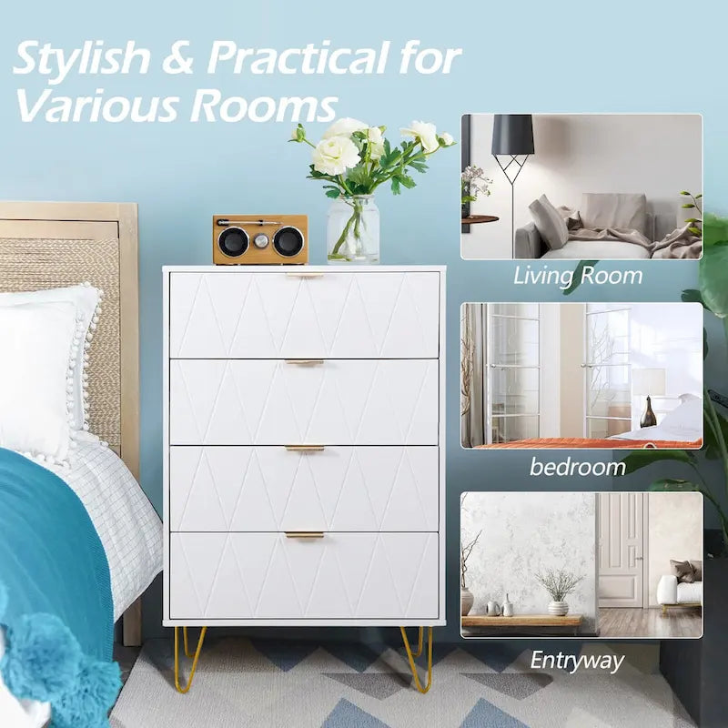 4 Drawers Chest Of Dresser Tall Storage Tower Cabinet with Metal Legs For Bedroom Living Room